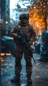 Autumn-clad urban commando guarding a neon-tinted alleyway.