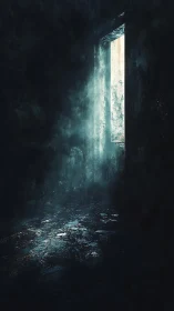 Dim interior with single vertical opening admitting light.