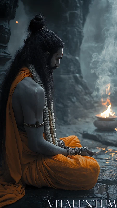 Meditating ascetic in orange robes near ritual fire.