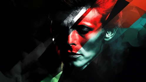 Portrait face divided by red and teal geometric shards