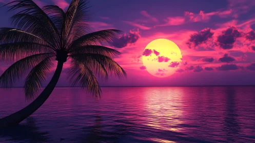 Radiant tropical sunset glows over calm ocean waters