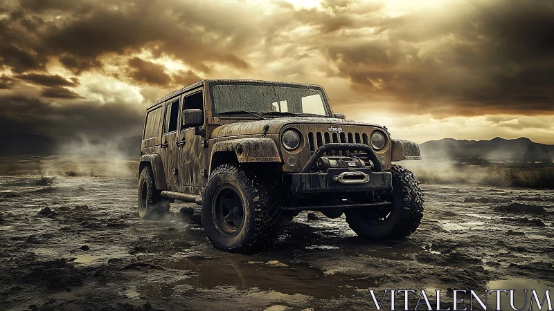 Mud-soaked off-road jeep conquers rugged terrain at dusk