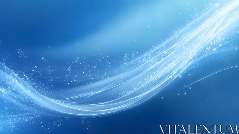 Abstract blue light waves with sparkling particles, digital art style.