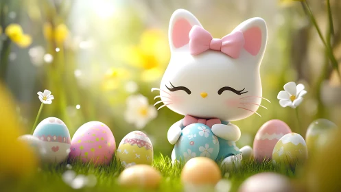 Smiling pastel kitty cradles Easter egg in glowing spring meadow