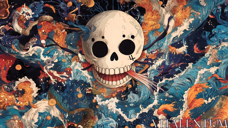 Skull in swirling cosmic waves of koi, chaos, and color.