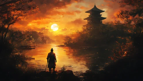 Samurai silhouette studies temple under molten sunset sky.