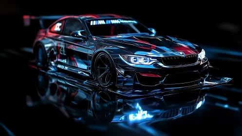 Sleek neon race car gliding through a glowing night track.