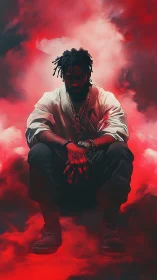 Moody figure seated in red smoke with strong silhouettes.