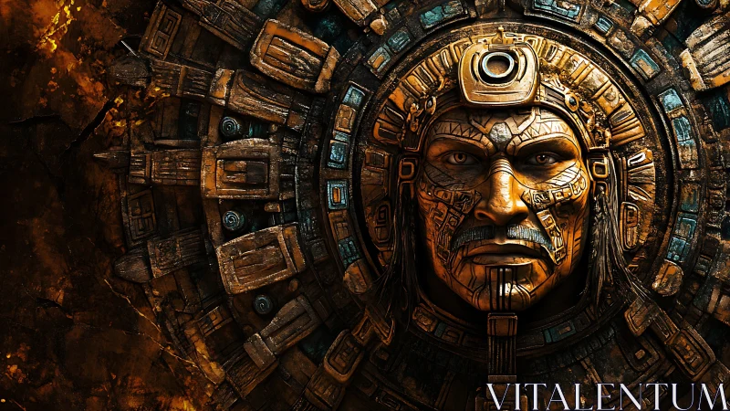 Digital painting of Aztec cyber-iconic mask in radial relief.