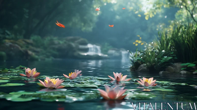 Water lilies on calm forest pond with soft daylight.
