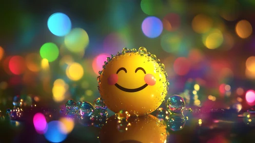 Smiling Emoji Ball with Bubbles in Vibrant Bokeh Light Scene.