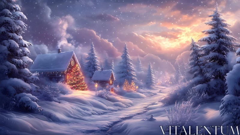 Snowy Christmas cabins under glowing winter sunset.