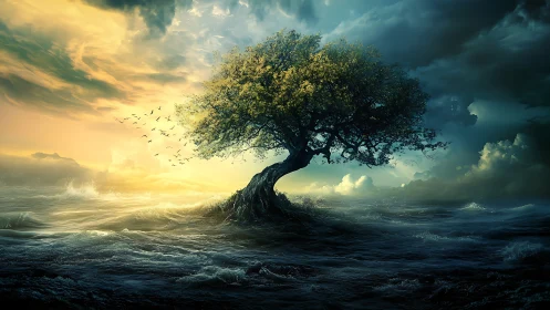 Solitary windswept tree over storm sea in cinematic light.