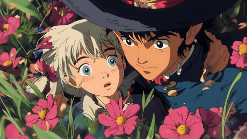 Two animated characters lying among dense pink wildflowers.