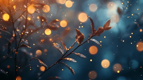 Branch with dew in blue background and orange bokeh lights.