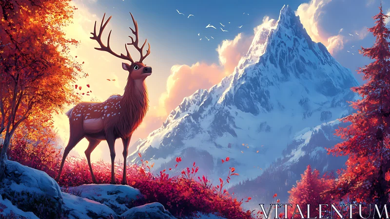 Majestic stag under autumn canopy before icy summit.