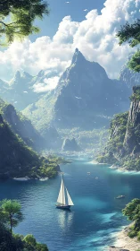 Sailboat moves through narrow tropical bay toward distant town