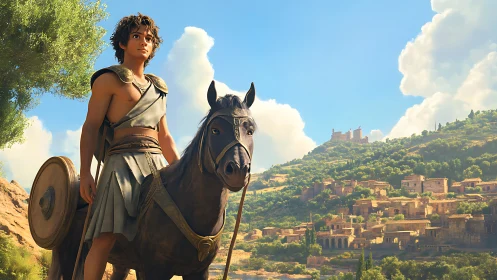 Young rider overlooking ancient hillside cityscape scene.