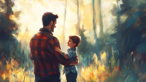 Father and son standing together in sunlit forest clearing.
