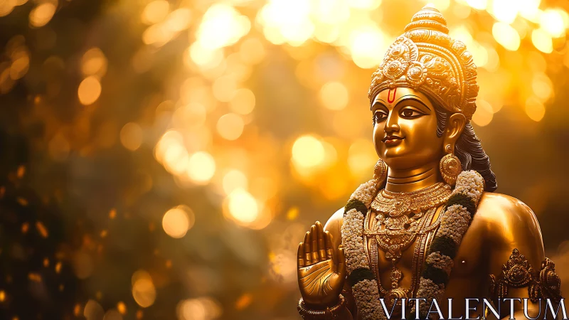 Golden Hindu deity statue with garland and bokeh light.