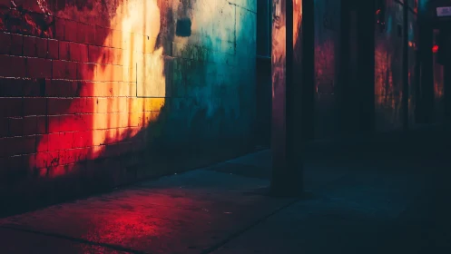 Low light alleyway wall captures saturated prismatic reflections