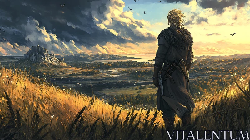 Cloaked figure observing distant stone fortress at sunset.