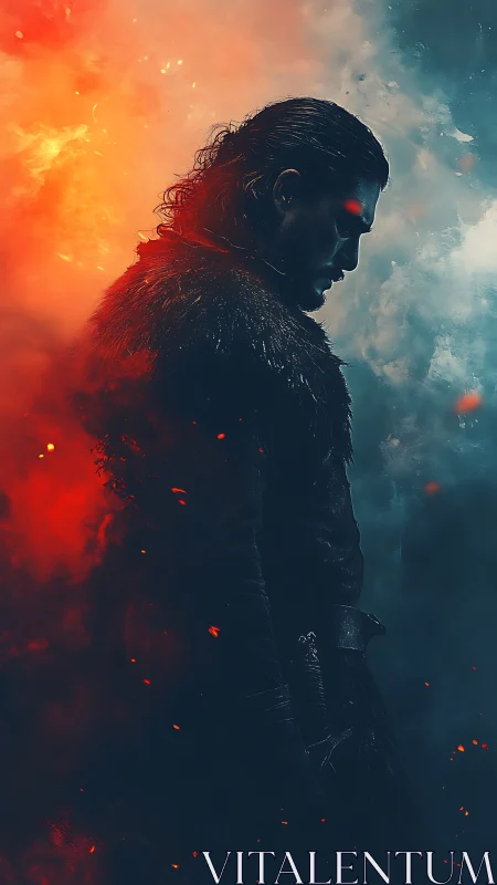 Warrior silhouette divides infernal fire and glacial mist