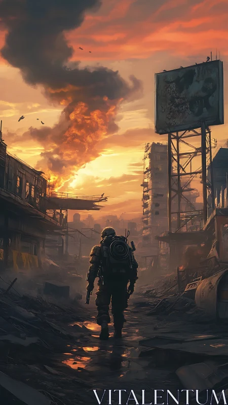 Solitary armored figure traverses ruined urban street at dusk