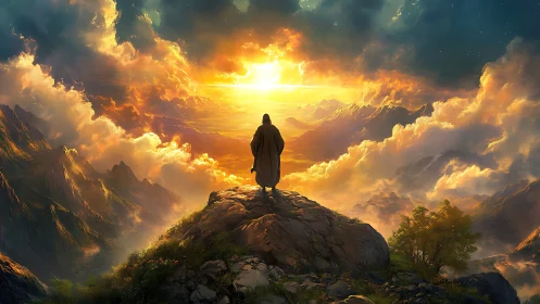 Solitary figure observing radiant mountain sunrise scene.