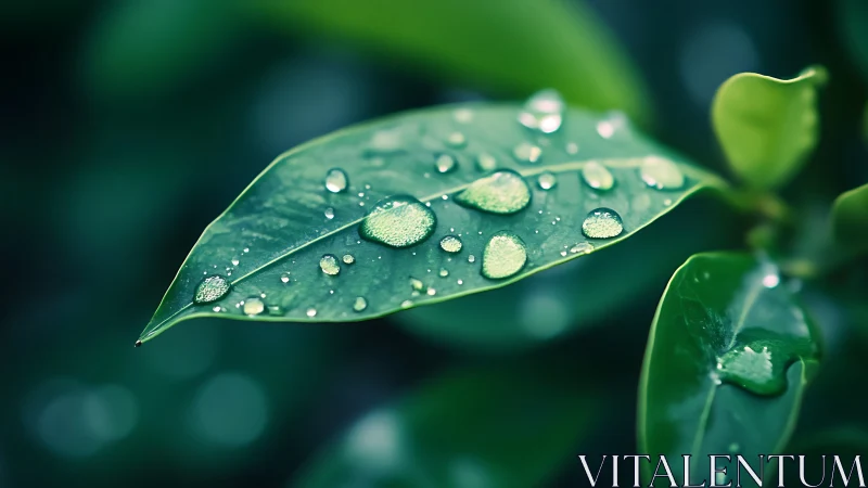 Quiet green leaf holds sparkling raindrops in soft morning light