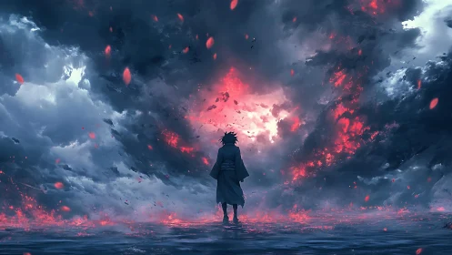 Lone stormwalker greeting a burning sky of shifting embers.