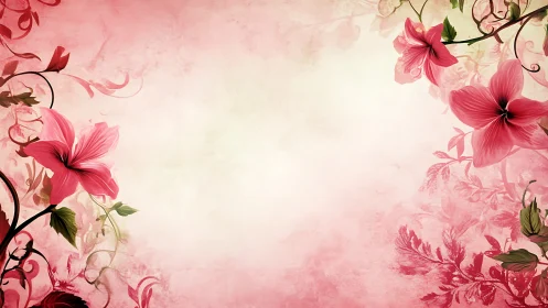 Pink floral composition with symmetrical botanical border arrangement.