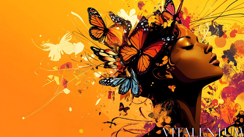 Woman in orange butterfly explosion portrait on bright background.