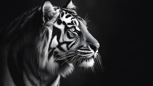 Monochrome tiger profile in dramatic low key portrait lighting.
