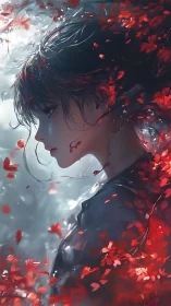 Solitary profile portrait framed by drifting crimson petals.