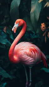 Graceful pink flamingo resting quietly in lush green leaves.