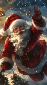 Santa in dynamic midair gesture over snowy village scene.