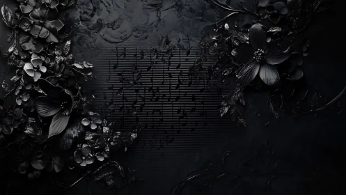 Glossy black floral relief frames dark abstract music field