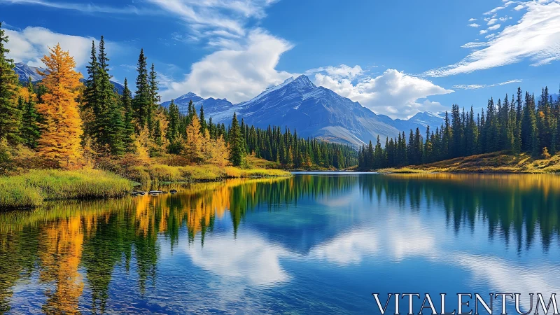 High-saturation alpine lake reflects conifer forest and snow peak