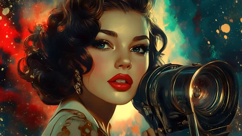 Cinematic muse with vintage camera in cosmic color storm.