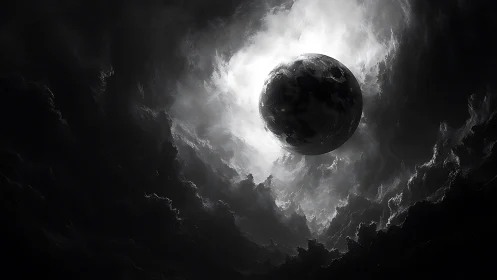 Dark planet suspended in stormy swirling clouds.