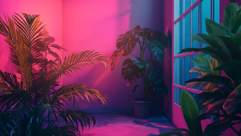 Bicolor LED lighting sculpts tropical houseplants in corner room