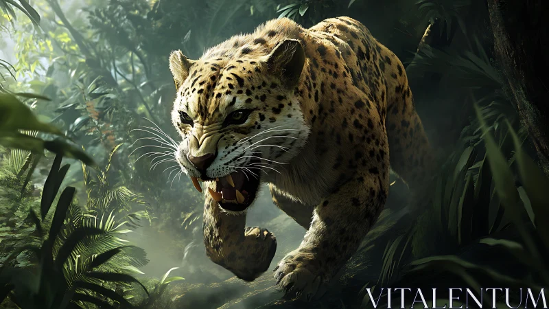 Snarling Leopard Emerges Through Misty Jungle Foliage.