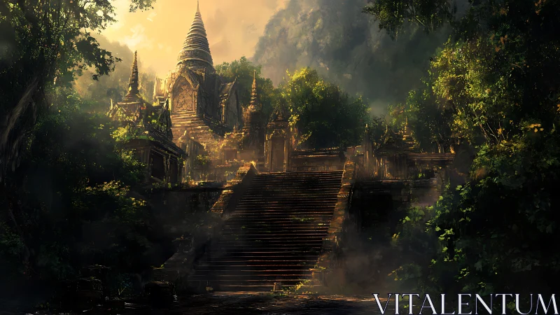 Jungle temple stairway under volumetric dawn illumination.