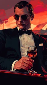 Stylish man in tuxedo with drink against vivid sunset.