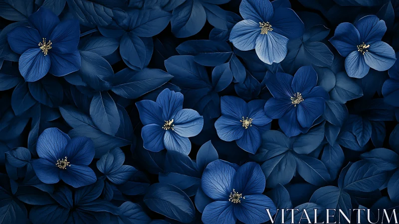 Blue flowers with golden stamen centers arranged in dense botanical composition.