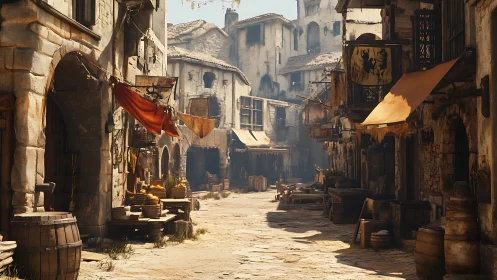 Sunlit medieval market street lined with old stone houses.