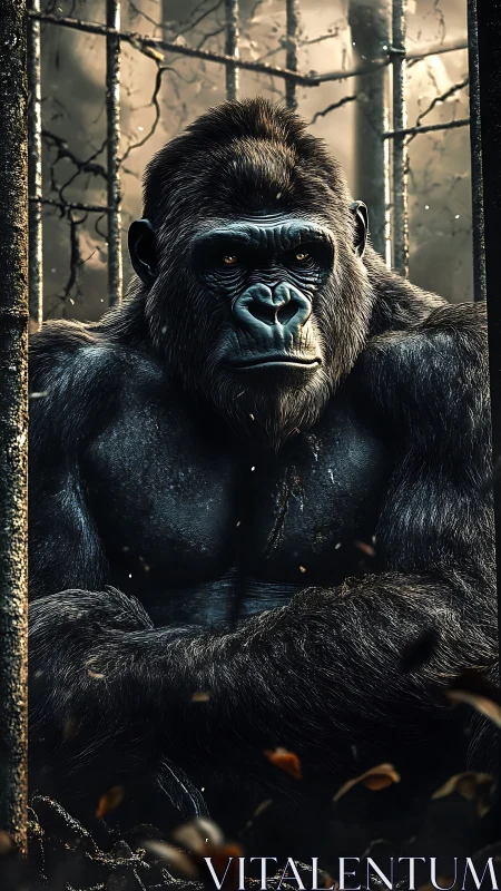 Powerful silverback gorilla rests calmly among tall trees