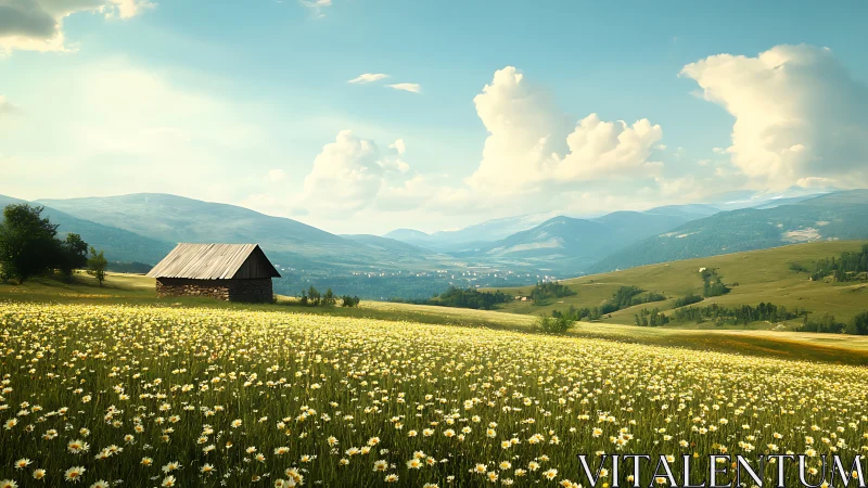 Mountain meadow panorama with daisy field and rustic shed