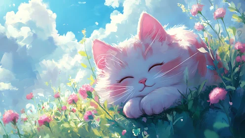 White Feline Resting in Pink Floral Garden Setting